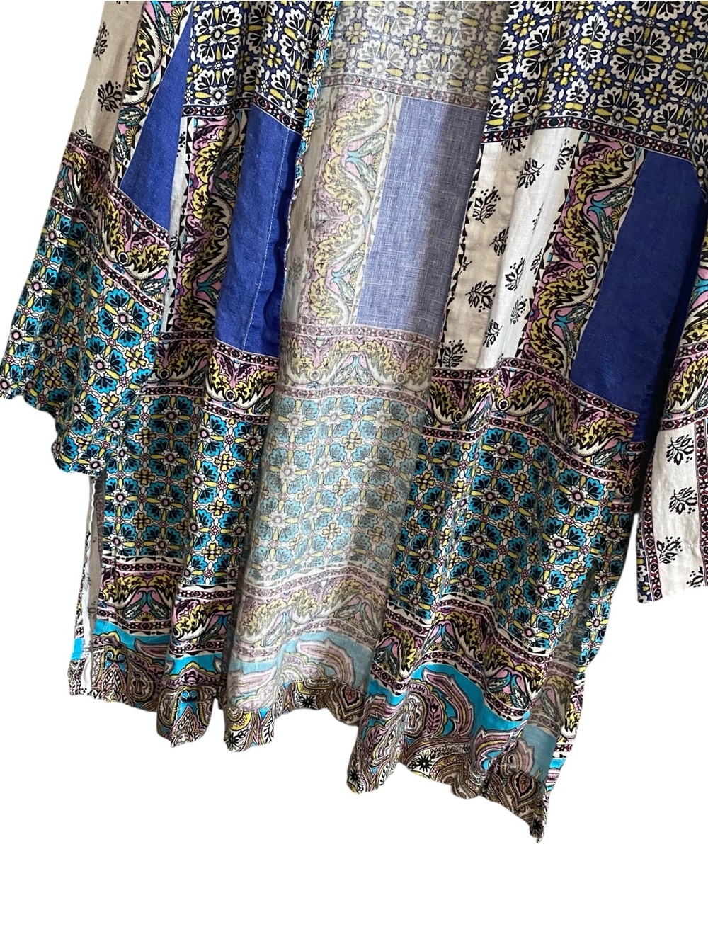 Chico's Linen Patchwork Colorful Paisley Short Sleeve Kimono Topper Top 1/M - Picture 3 of 6